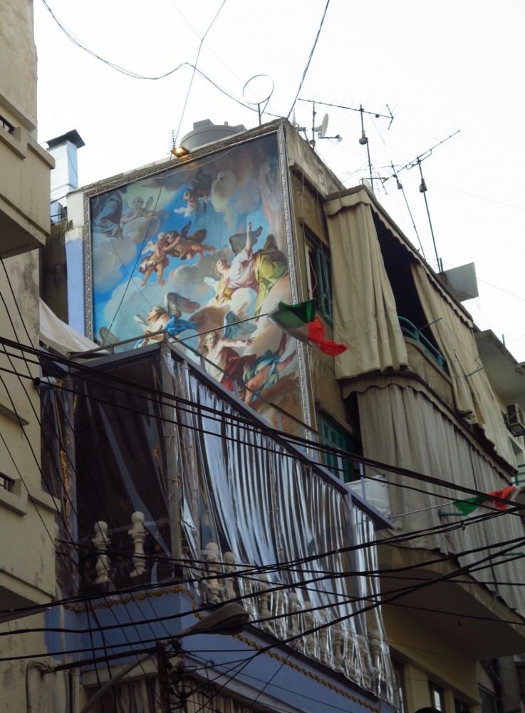 XXL angels oil painting on a balcony